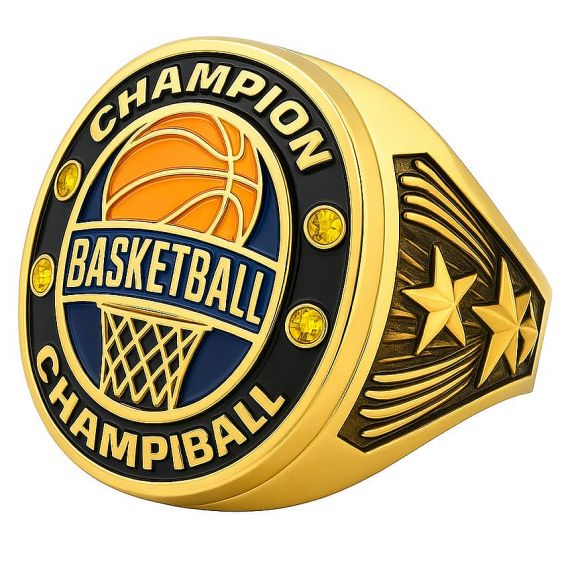 Gold basketball champion ring with enamel basketball design and star details on the side