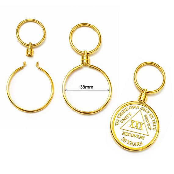 Gold coin bezel keychain with 38mm frame size and removable ring for custom coin inserts