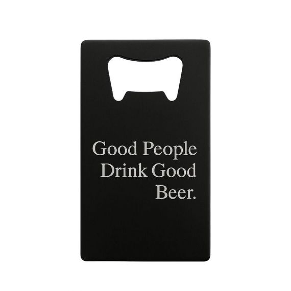 Credit card-sized metal bottle opener in a sleek matte black finish