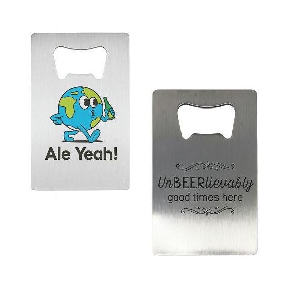Credit Card Bottle Openers - Stainless steel credit card bottle openers with custom printing and laser engraved