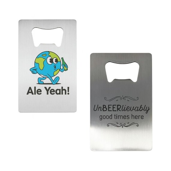 Credit Card Bottle Openers - Stainless steel credit card bottle openers with custom printing and laser engraved