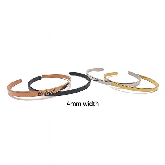 Custom 4mm width stainless steel cuff bangles in rose gold, black, silver, and gold finishes, personalized engraved slim bracelets for minimalist fashion.