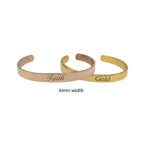 Personalized 6mm width metal cuff bangles with custom "Faith" and "Gold" laser engraving, high-quality plated brass or steel jewelry manufacturer.