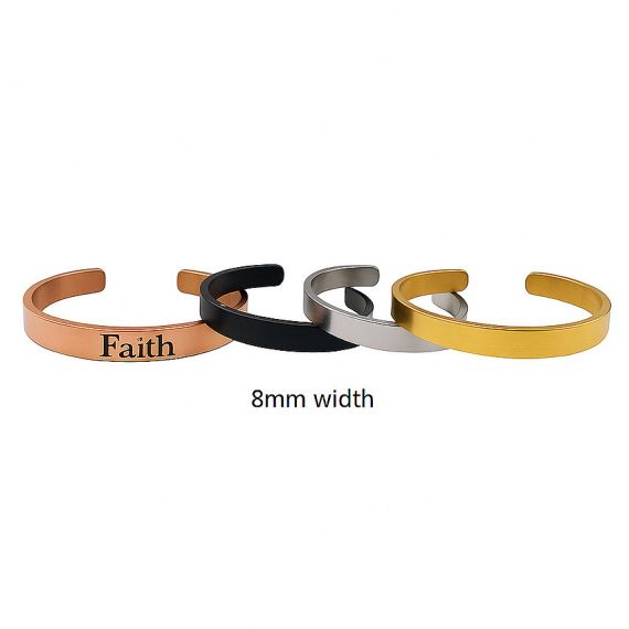 Custom 8mm width wide cuff bangles available in multiple metallic colors, durable personalized engraved statement jewelry for wholesale supply.