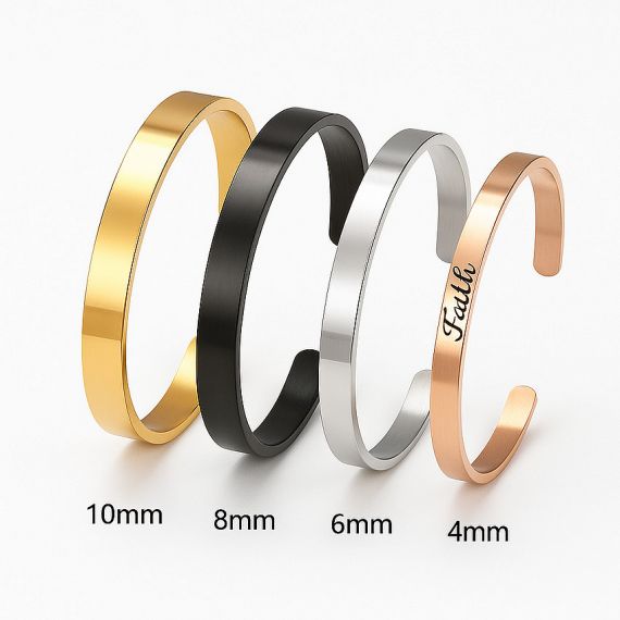 Variety of custom metal cuff bangles in 4mm, 6mm, 8mm, and 10mm widths, personalized engraved open bangles for professional jewelry branding.