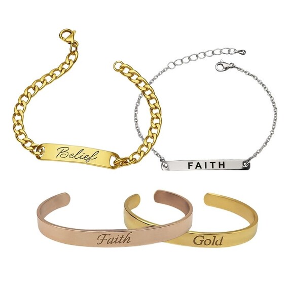 Cuff Bangle & Bar Bracelets - Collection of custom engraved bar chain bracelets and cuff bangles featuring personalized "Belief" and "Faith" scripts, high-quality gold and silver plated metal jewelry for wholesale.