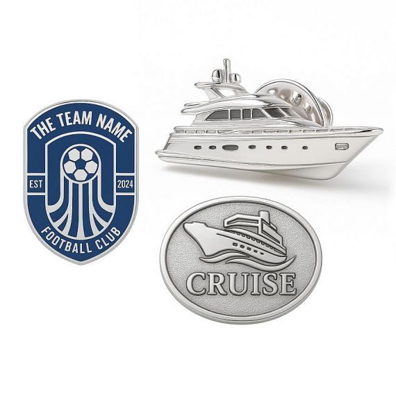 Sterling Silver Lapel Pins - Three Style Custom 925 Sterling Silver Lapel Pin Set Featuring Football Club Shield Enamel Pin 3D Luxury Yacht Pin and Antique Cruise Ship Oval Pin