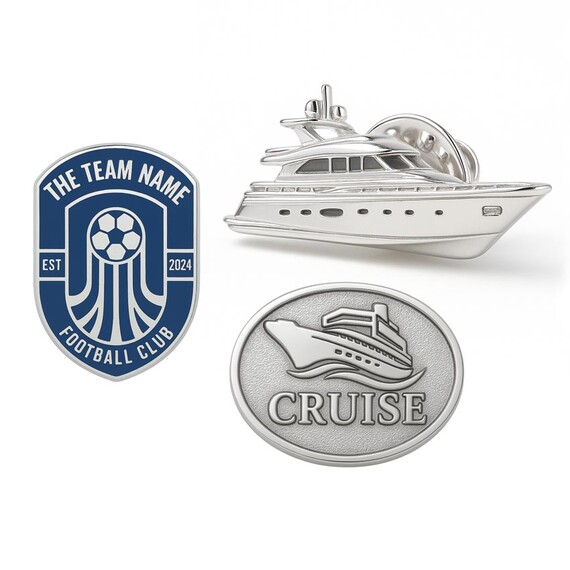 Sterling Silver Lapel Pins - Three Style Custom 925 Sterling Silver Lapel Pin Set Featuring Football Club Shield Enamel Pin 3D Luxury Yacht Pin and Antique Cruise Ship Oval Pin