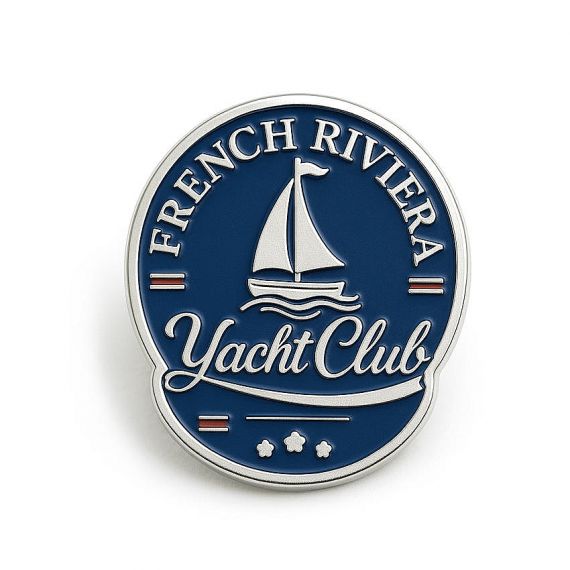 Custom Round Navy Blue Hard Enamel French Riviera Yacht Club Sailboat Lapel Pin with Red Accent Details in 925 Sterling Silver