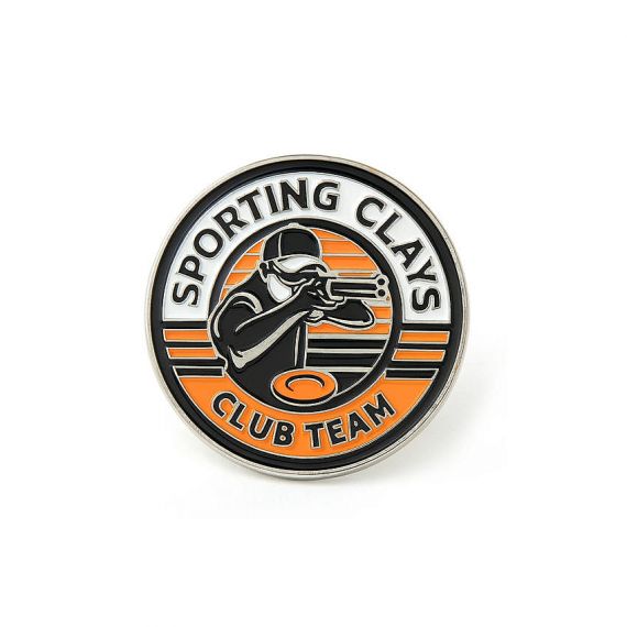 Round Custom Hard Enamel Sporting Clays Club Team Lapel Pin with Orange Black Shooter Silhouette Design in 925 Sterling Silver