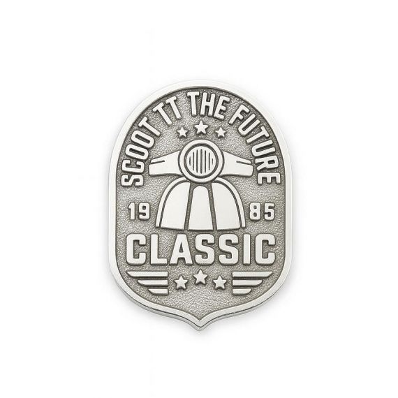 Custom Arched Badge Shape Antique Silver Scoot TT The Future 1985 Classic Scooter Lapel Pin in 925 Sterling Silver