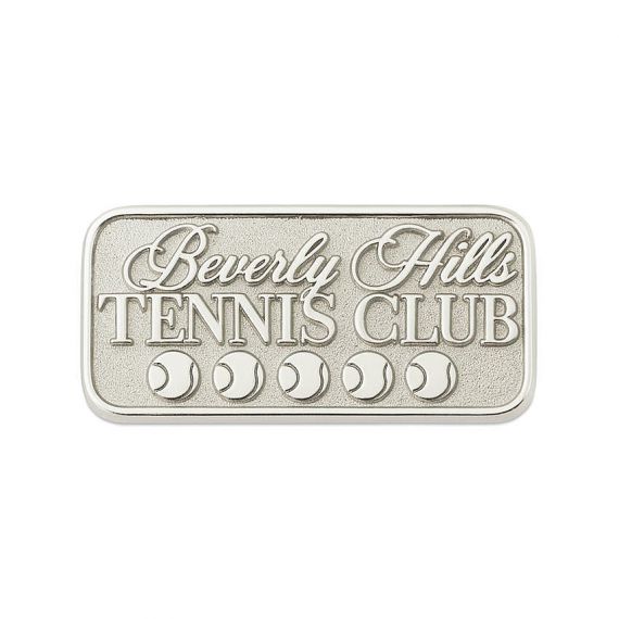 Custom Rectangular 925 Sterling Silver Lapel Pin with Embossed Beverly Hills Tennis Club Text and Tennis Ball Row Design