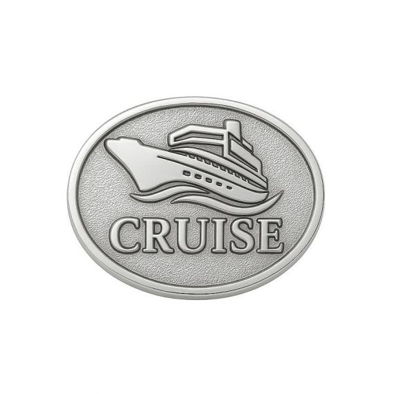 Custom Oval Antique Finish Embossed Cruise Ship Lapel Pin with Raised Lettering in Vintage Style 925 Sterling Silver