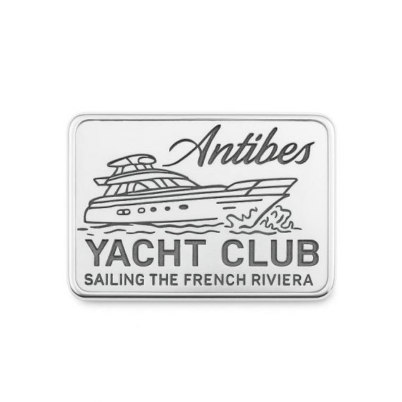 Custom Rectangular Engraved Antibes Yacht Club Sailing the French Riviera Luxury Motorboat Lapel Pin in Polished 925 Sterling Silver