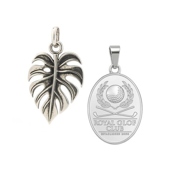 Sterling Silver Pendants - Jin Jumbo Manufacturer Custom 925 Sterling Silver Pendant Set Featuring Antique Monstera Leaf Charm and Engraved Oval Royal Golf Club Logo Medallion Pendant
