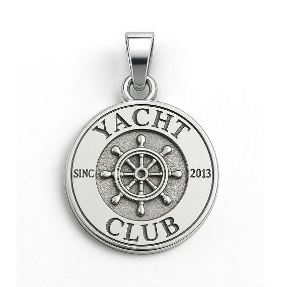 Custom Round 925 Sterling Silver Yacht Club Since 2013 Pendant with Embossed Ship Wheel Centerpiece and Antique Finish Two-Tone Design
