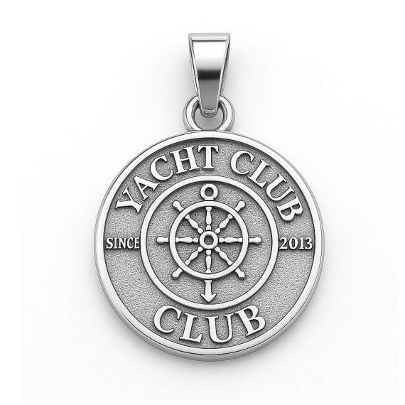 Personalized Round 925 Sterling Silver Yacht Club Since 2013 Coin Pendant with Raised Ship Wheel and Anchor Sandblast Texture Background