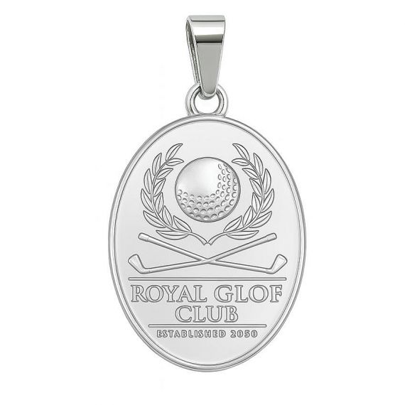 Custom Oval 925 Sterling Silver Royal Golf Club Established 2050 Engraved Pendant with Golf Ball Laurel Wreath and Crossed Clubs Logo