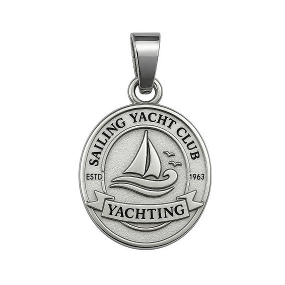 Custom Oval 925 Sterling Silver Sailing Yacht Club ESTD 1963 Pendant with Embossed Sailboat Wave and Yachting Banner Design