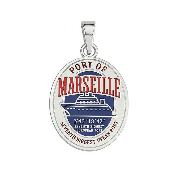 Custom Oval Hard Enamel 925 Sterling Silver Port of Marseille Cruise Ship Pendant with Red White Navy Blue Multicolor Logo Design
