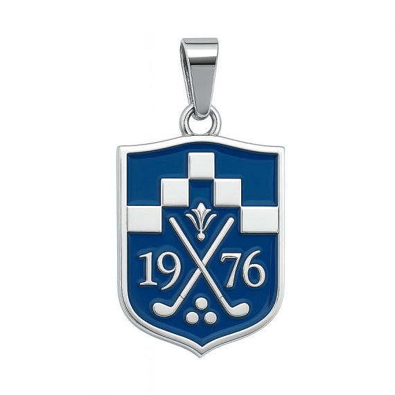 Custom Shield Shape Blue Hard Enamel 925 Sterling Silver Golf Club 1976 Pendant with Checkered Pattern Crossed Clubs and Ball Design