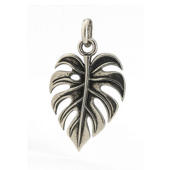 Custom Antique Finish 925 Sterling Silver Monstera Tropical Leaf Shaped Charm Pendant with Oxidized Black Detail and Nature Inspired Design