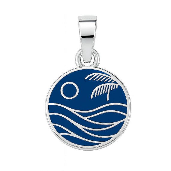 Custom Round Blue Hard Enamel 925 Sterling Silver Ocean Wave Sun and Palm Tree Scenic Pendant for Nautical and Beach Theme Jewelry