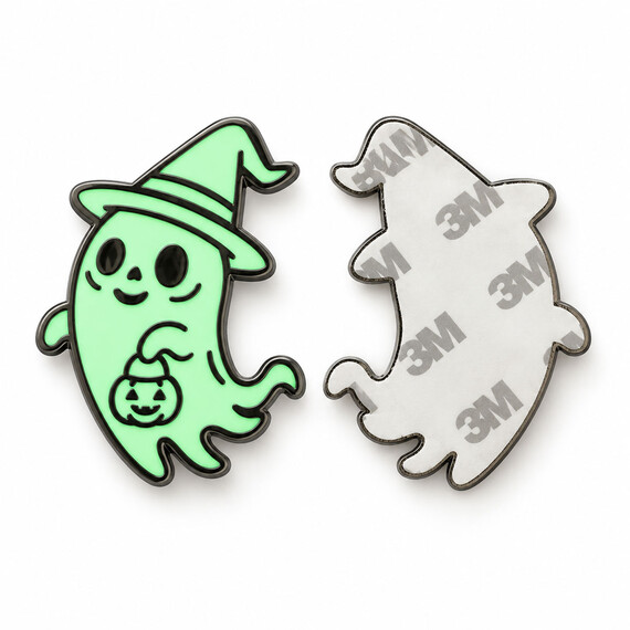 Custom glow-in-the-dark adhesive metal ghost badge with 3M backing