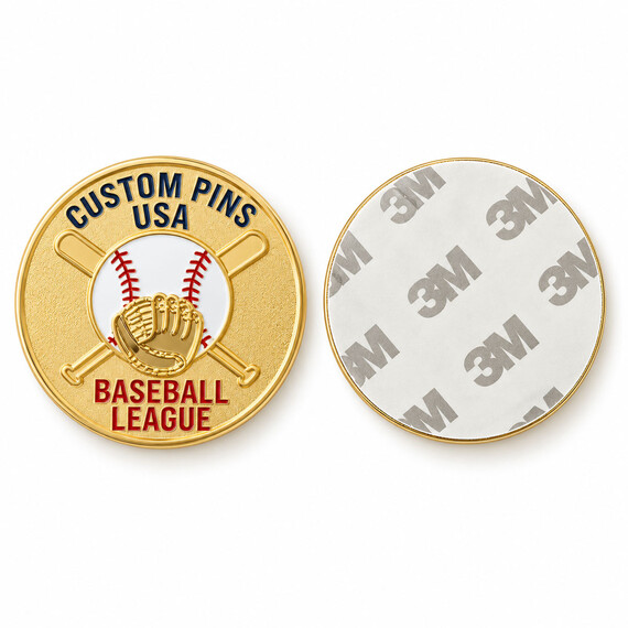 Custom baseball adhesive metal badge with gold finish and 3M backing