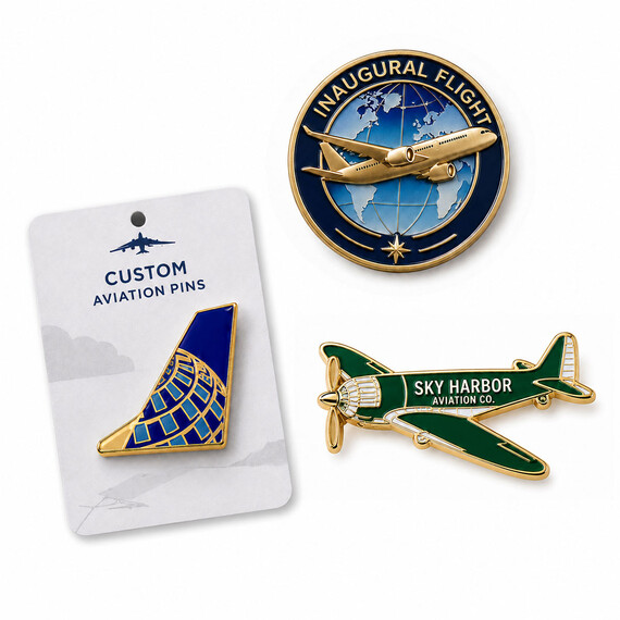 Custom Airline Lapel Pins - Custom airline lapel pins featuring an inaugural flight emblem, aircraft-shaped pin, and tail-fin pin with custom aviation backing card.