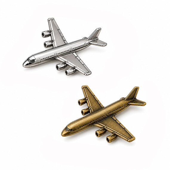 3D airplane lapel pins with polished silver and antique gold metal finishes.