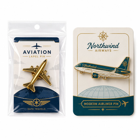 Custom aviation lapel pins with backing card and individual packaging options.