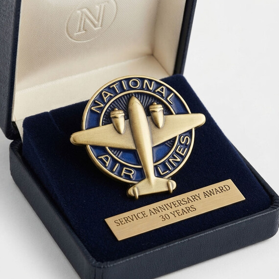 Airline service anniversary lapel pin presented in a premium gift box.