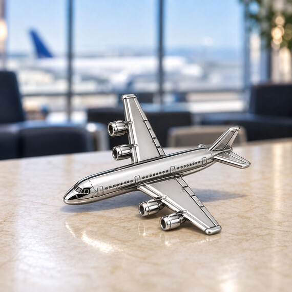 3D airplane lapel pin with polished silver plating and detailed die-cast metal relief.