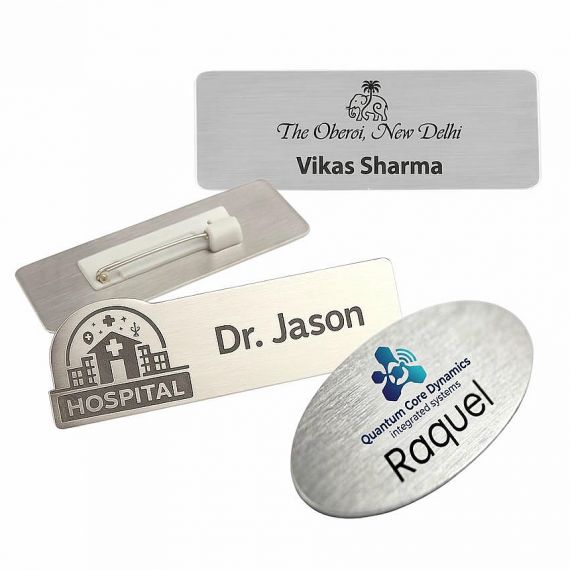 Aluminum Name Badges - Professional aluminum name tags for hospitals and hotels; custom engraved metal badges for doctors and staff, manufactured in Vietnam.