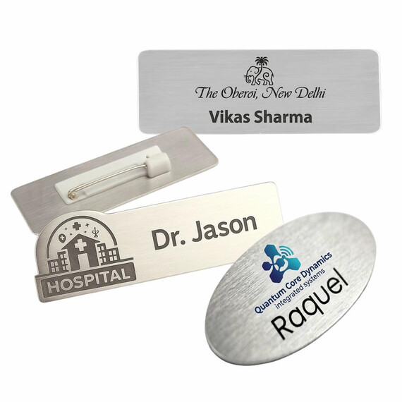 Aluminum Name Badges - Professional aluminum name tags for hospitals and hotels; custom engraved metal badges for doctors and staff, manufactured in Vietnam.