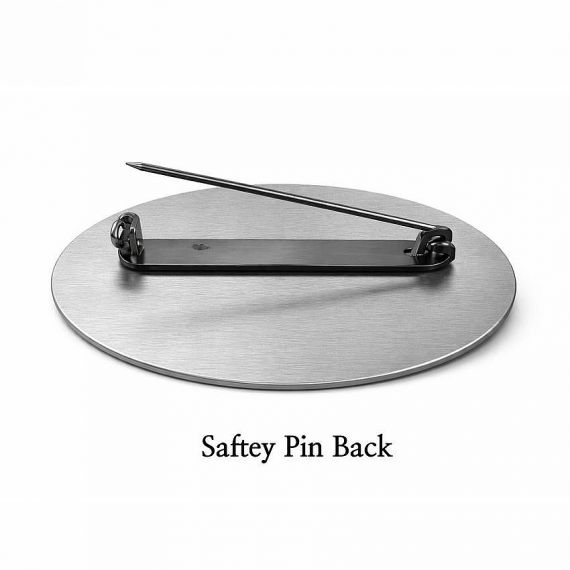 Back view of a round metal badge showing a durable safety pin attachment; custom aluminum name tag hardware from Vietnam supplier.