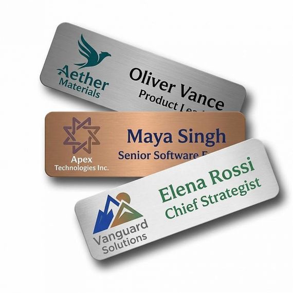Custom brushed aluminum name badges in silver and rose gold finishes; B2B wholesale factory in Vietnam with 100pcs minimum order quantity.