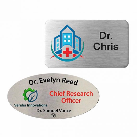 Full-color UV printed logos on brushed aluminum name tags for medical researchers and chief officers; personalized in Vietnam.