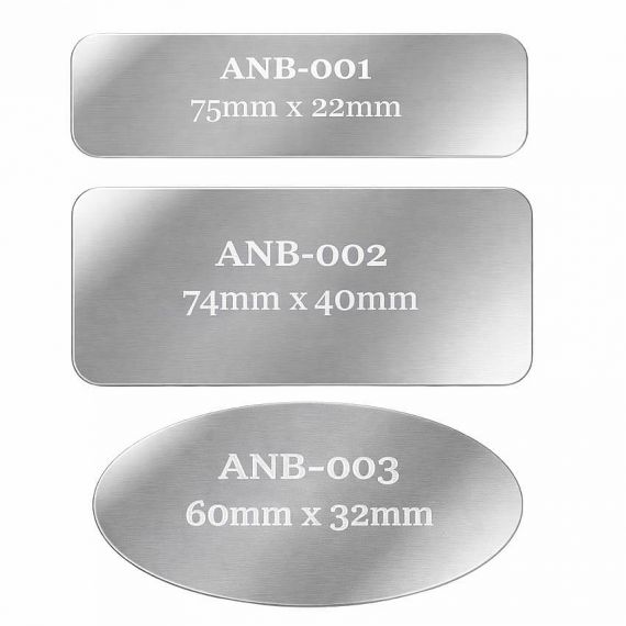 Standard sizes for custom aluminum name badges including 75x22mm, 74x40mm, and 60x32mm oval shapes; wholesale production in Vietnam.