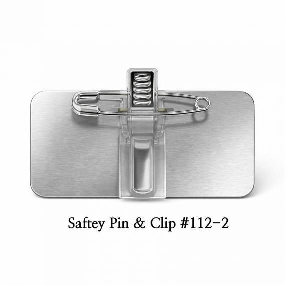 Combined safety pin and plastic clip #112-2 for custom aluminum name badges; versatile backings for event staff ID tags.