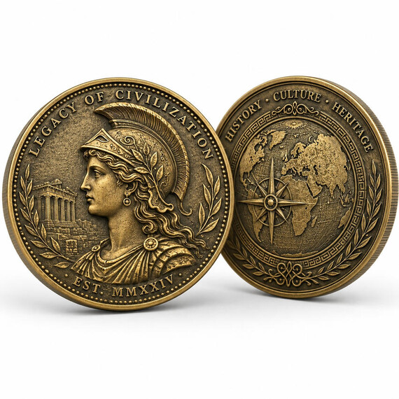 Double-sided custom antique gold ancient coins featuring a classical warrior portrait, historical architecture, world map, and compass relief