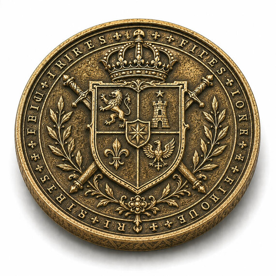 Custom antique gold heraldic ancient coin featuring a crown, shield emblem, crossed swords, laurel branches, and detailed relief artwork