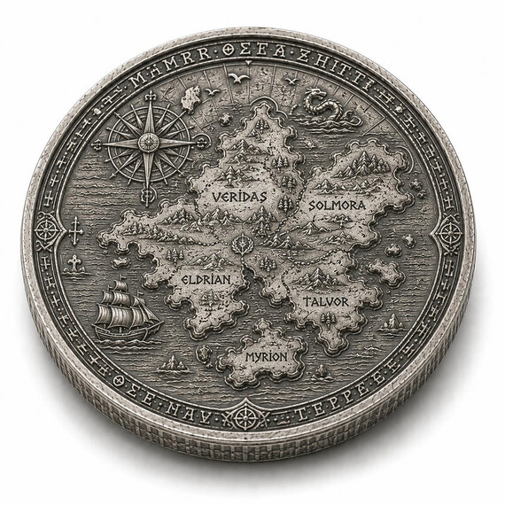 Custom antique silver ancient coin featuring a detailed fantasy map, compass rose, sailing ship, and multi-level relief design