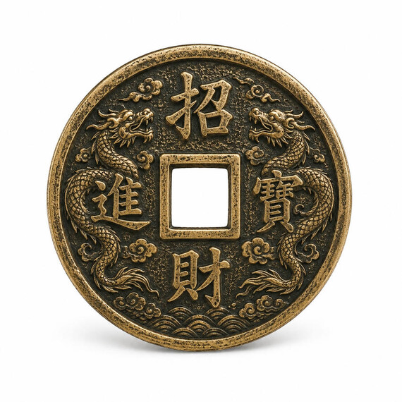 Custom antique gold ancient coin with traditional dragon motifs, square center hole, raised Chinese-style symbols, and aged metal texture