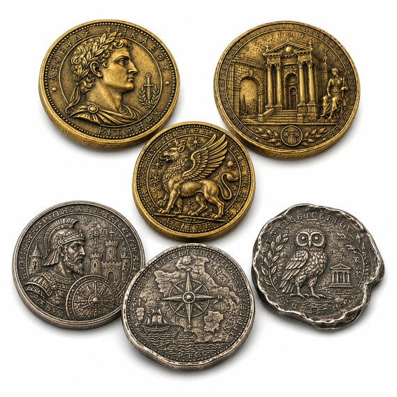 Custom Ancient Coins - Custom ancient coin collection featuring antique gold and antique silver finishes, detailed historical relief designs, and an irregular-shaped ancient coin.