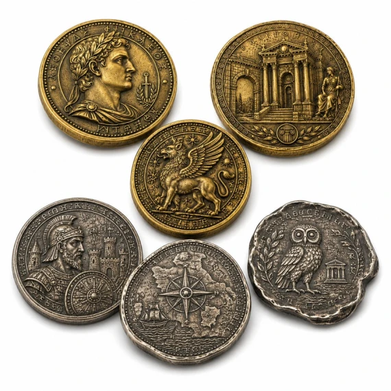 Custom Ancient Coins - Custom ancient coin collection featuring antique gold and antique silver finishes, detailed historical relief designs, and an irregular-shaped ancient coin.