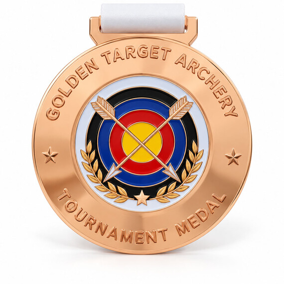 Custom archery tournament medal with rose gold finish, colorful enamel target, crossed arrows and raised metal lettering.
