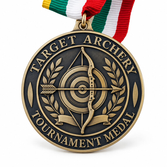 Antique gold archery competition medal featuring 2D metal relief, recurve bow, arrow, target and custom ribbon.