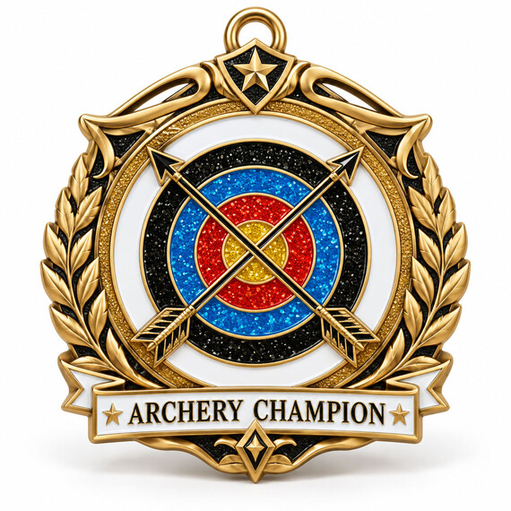 Custom archery championship medal with gold plating, glitter enamel target, crossed arrows and decorative metal frame.